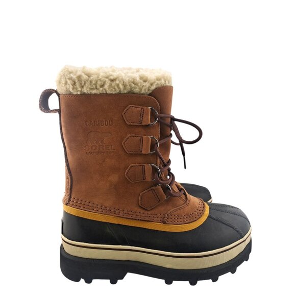 Sorel Caribou Waterproof Winter Snow Boots Womens 9 Brown Black Faux Fur Lined - Picture 1 of 9